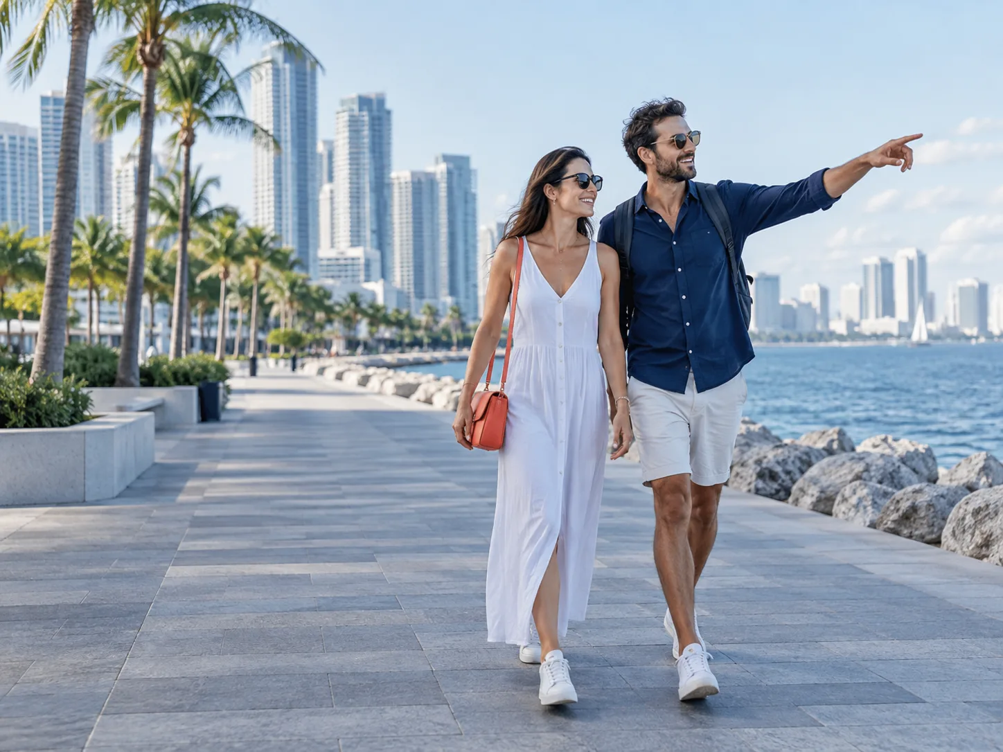 Travelers walking along a coastal promenade